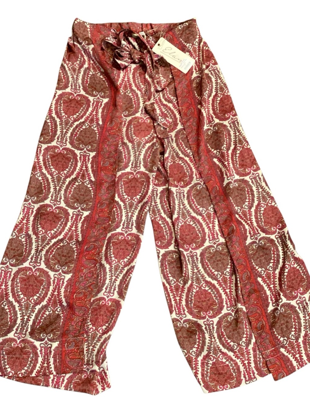 Elan Satin Paisley Wrap Wide Leg Palazzo Pants Boho Resort NEW Medium